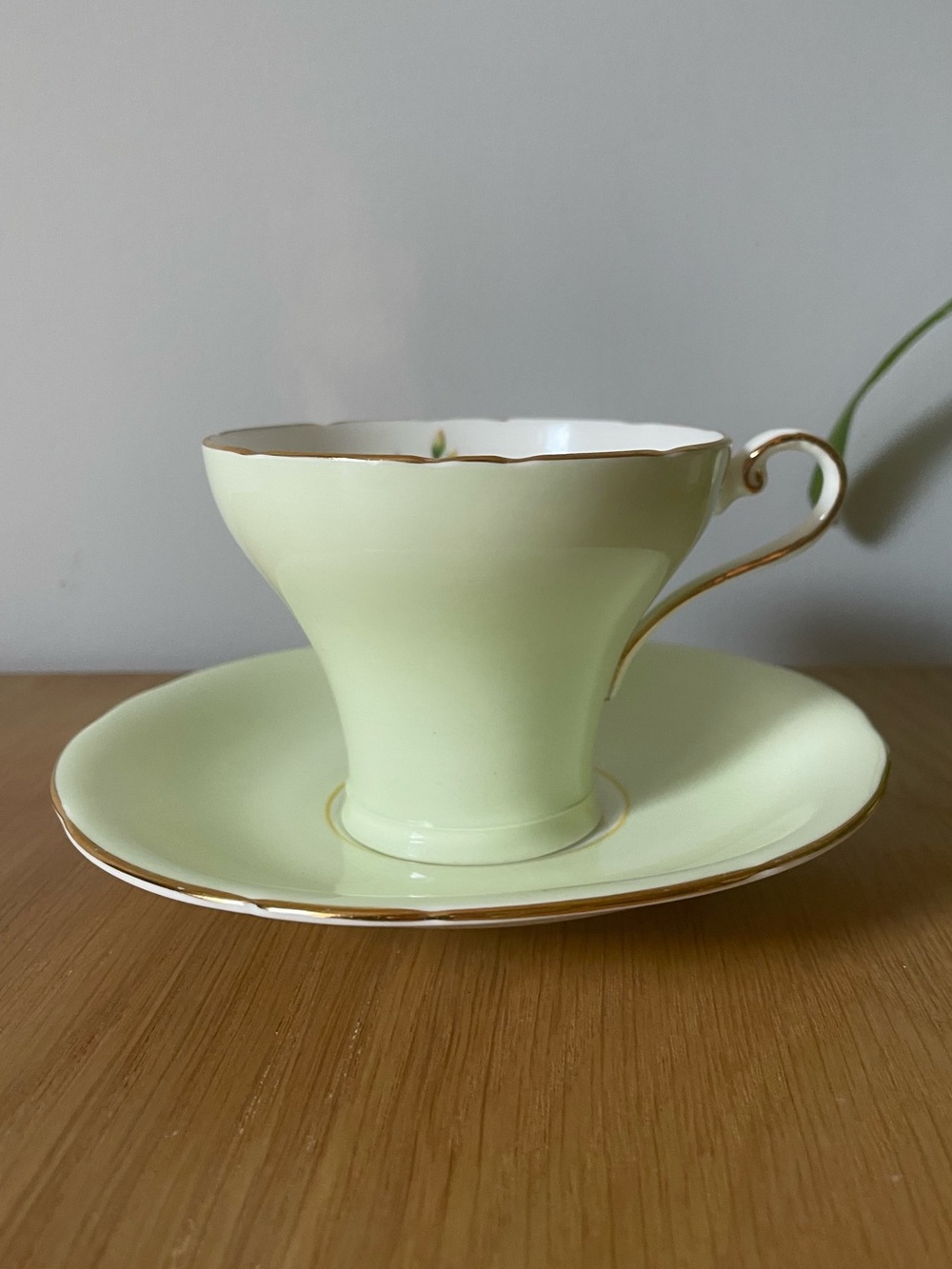 Ainsley England Bone China Pastel Mint Green Teacup & Saucer with Pink Rose